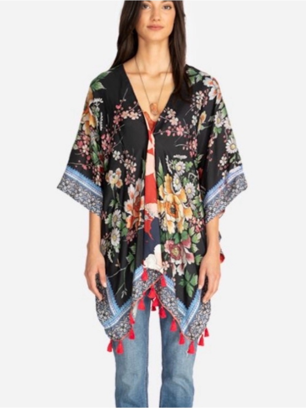 Johnny Was Reversible Silk Floral Kimono with Red Tassels